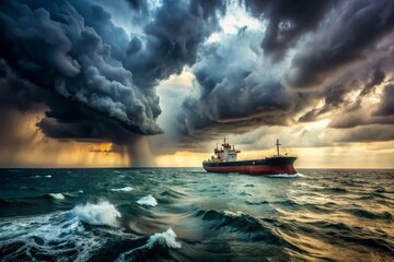 Persian Gulf in June, a dramatic stormy weather scene, with dark clouds gathering above the choppy waters, and a lone oil tanker battling against the wind.