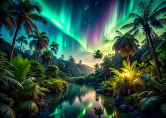Lush jungle hidden beauty where a shimmering aurora borealis illuminates the night sky, casting an otherworldly glow on the surroundings.