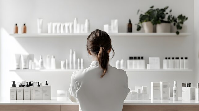 A realistic back view of a worker organizing a display of skincare products in a store, ensuring everything is perfectly aligned