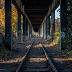 Railway tracks beneath an overpass surrounded by autumn foliage