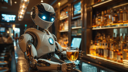 the android bartender robot stands at the bar against the background of alcohol with a glass full of alcohol,
