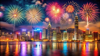 Vibrant fireworks explode above glittering Hong Kong skyscrapers, reflected in Victoria Harbour, amidst a kaleidoscope of colours, lights, and energy on a magical evening.
