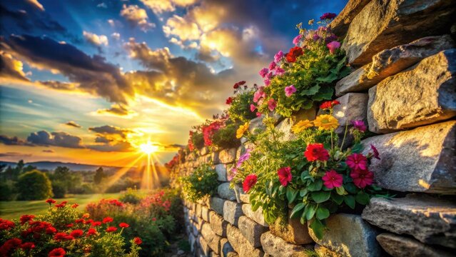 Vibrant flowers bloom around a distressed stone wall, symbolizing resilience and overcoming adversity, as sunshine breaks through, radiating hope and positivity in a serene landscape.