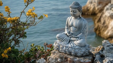 Buddha Statue Serenely Seated on Rocky Outcrop Surrounded by Calm Waters