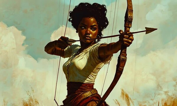 Strong woman aiming with bow and arrow with ai generated.
