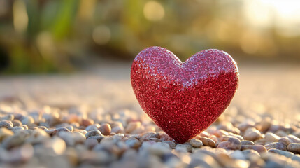 Fototapeta premium A red glitter heart rests on a bed of small stones.