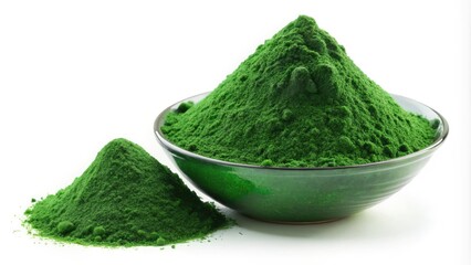 Vibrant green chlorella algae powder is isolated on a white background, showcasing its nutritional supplement properties in a clean and modern format.