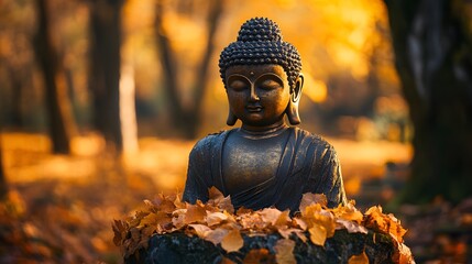 golden buddha statue in autumn