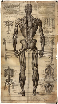 Detailed anatomical drawing of human musculature on aged paper. Vintage medical illustration showing back muscles, spine, and skeletal structure. Historical scientific sketch for educational purposes