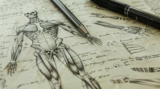 Detailed anatomical sketch of a human skeleton and muscular system, drawn on parchment paper, with notes and annotations, accompanied by a fountain pen