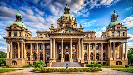 Fototapeta premium public health institutions architecture grandeur monumental scale columns arches ornate detailing noble stone earthy tones classic style institutional building