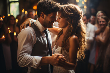A couple dancing at a lively wedding. Concept of celebration and love. Generative Ai.