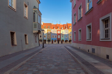 Facades of medieval colorful houses on the Town Hall Square in Poznan