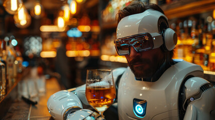 the android bartender robot stands at the bar against the background of alcohol with a glass full of alcohol,