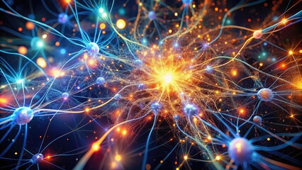 Vibrant neural network visualization with glowing threads and sparks, symbolizing the intricate workings of human consciousness and the dynamic flow of thoughts and ideas.