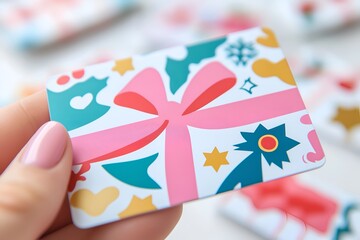 Colorful holiday gift card with a pink bow and festive graphics held between fingers, highlighting a playful and modern holiday design.
