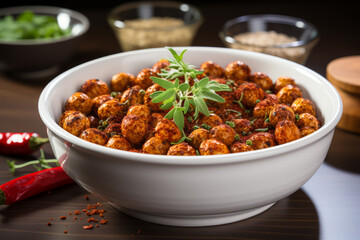 Fototapeta premium Spicy roasted chickpeas tossed with chili powder and cumin, a flavorful and addictive snack option. Concept of spicy satisfaction. Generative Ai.
