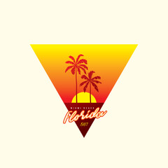 Original vector retro print isolated on white background. Palm trees on sunset background. T-shirt design.