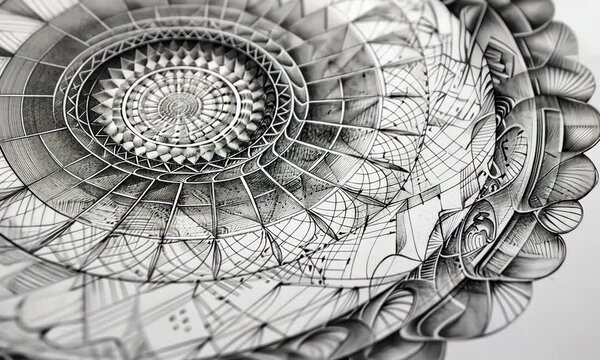 Intricate black and white geometric pattern with circular floral designs on paper