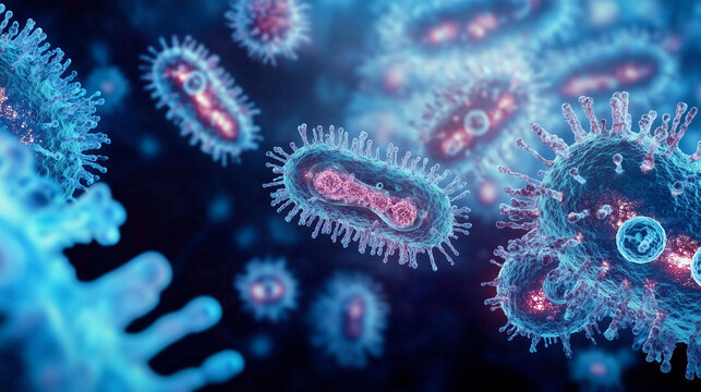 Schematic image of poxvirus virus. Conceptual illustrative virus and microbiology. Pandemic causes.