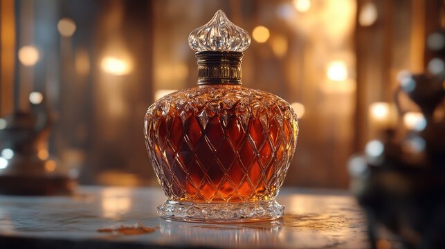 A luxury bottle of alcohol in a warm, vintage setting. This photo is perfect for advertising campaigns, showcasing elegance and sophistication.