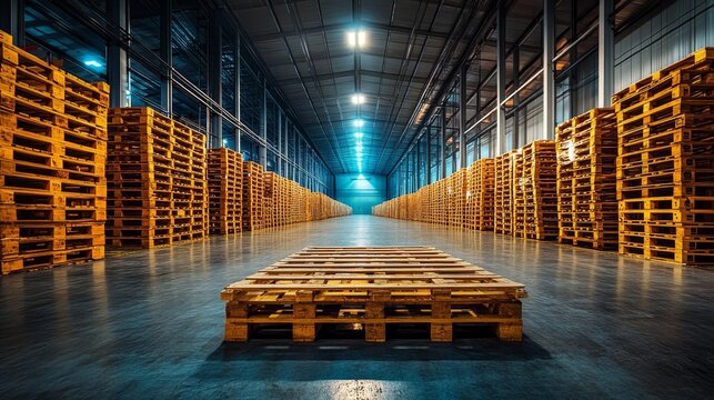 A long row of wooden pallets stretching into the distance inside a modern warehouse, with high ceilings and bright, even lighting