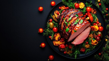 Naklejka premium A beautifully roasted ham adorned with vibrant cherry tomatoes and fresh herbs on a sleek black background.