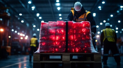 A pallet loaded with hazardous materials, surrounded by workers in safety gear, following strict safety protocols, illuminated by industrial lights, Realism, High contrast, Detailed