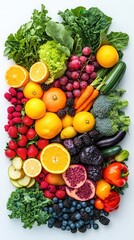 An abundant display of colorful fruits and vegetables fills a white surface, highlighting the freshness of seasonal produce