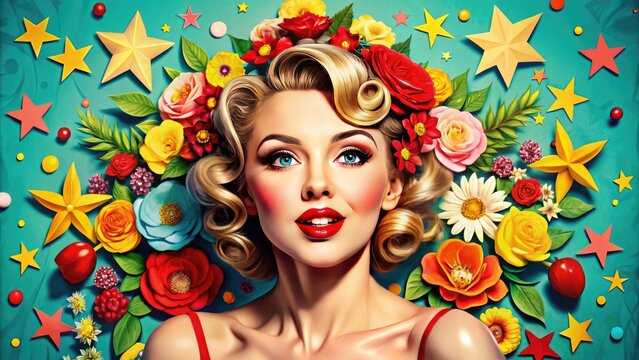 Vibrant, retro-style illustration of a curvaceous, red-lipped pinup girl with a sassy expression, surrounded by stars, flowers, and other whimsical cartoon elements in a bright color palette.