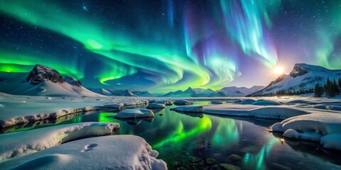 Icy landscapes aglow with the radiant beauty of aurora borealis, where the vast expanse of frozen tundra kisses the night sky with an otherworldly glow in the Arctic wilderness.