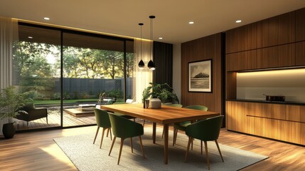 Fototapeta premium Modern dining room with wooden table. Perfect for illustrating interior design, home decor, and real estate.