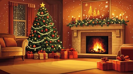 Vector of a festive holiday scene with a decorated Christmas tree gifts and a cozy fireplace