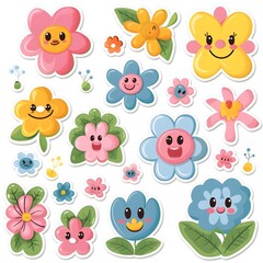 Obraz premium sticker set of cute cartoon flowers icon, white background, vector art illustration clipart