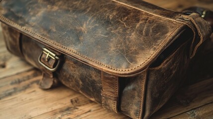 A worn leather bag sits on a wooden surface. Perfect for showcasing leather goods, rustic themes, and vintage style.