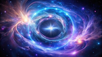Obraz premium Vibrant, swirling tendrils of purple, blue, and silver gas encompass a radiant, glowing core, forming a mesmerizing cosmic circle amidst a starry, dark celestial background.