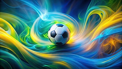 Naklejka premium Vibrant swirls of blue, green, and yellow abstractly merge, evoking the dynamic energy of a soccer ball in motion, capturing the essence of the sport.