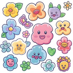 Fototapeta premium sticker set of cute cartoon flowers icon, white background, vector art illustration clipart