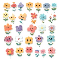 Obraz premium sticker set of cute cartoon flowers icon, white background, vector art illustration clipart