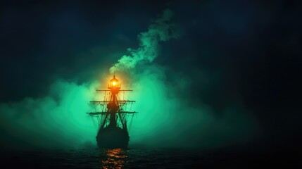 Mysterious ship sailing through fog with glowing lantern in dark waters, creating an eerie and enchanting atmosphere.