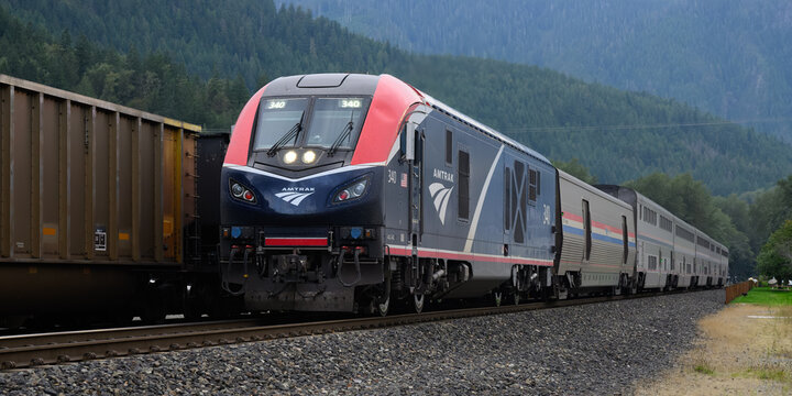 Skykomish. WA. USA - August 26, 2024; Amtrak Empire Builder passenger night train from Seattle to Chicago