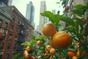 Ripe oranges hanging on the trees bathed in natural sunlight. that were planted in the city There are tall buildings in the background, a city park.