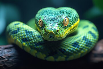 Fototapeta premium A green mamba coiled around a branch, showcasing its sleek and deadly beauty.