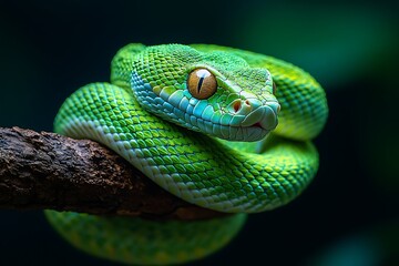 Fototapeta premium A green mamba coiled around a branch, showcasing its sleek and deadly beauty.