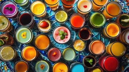 A vibrant array of shot drinks is displayed on a beautifully patterned table during a festive evening celebration