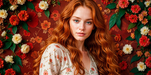 "Portrait with Floral Background"Description: AI-generated photograph of a woman with long, flowing red hair, posing in front of a vibrant floral backdrop. The image emphasizes natural beauty and the 