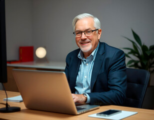 Title: "Professional in the Office"Description: AI-generated photograph of an older professional man smiling confidently while working on his laptop in a modern office. The scene highlights a producti