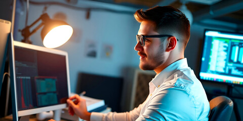 Title: "Young Professional in the Office"

Description: AI-generated photograph of a young professional confidently working on a laptop in a modern office. The scene highlights a productive and positi