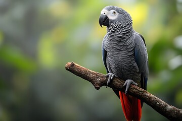 Obraz premium An African grey parrot perched on a branch in soft natural light.