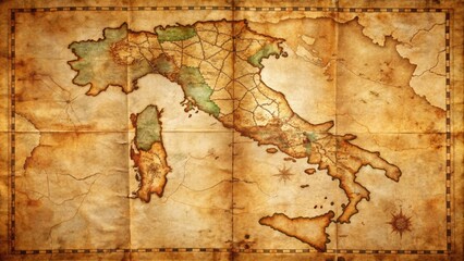 Fototapeta premium Vintage-style, folded map of Italy with worn edges and creases, highlighting popular cities, regions, and attractions, set against a distressed, earthy-toned background.